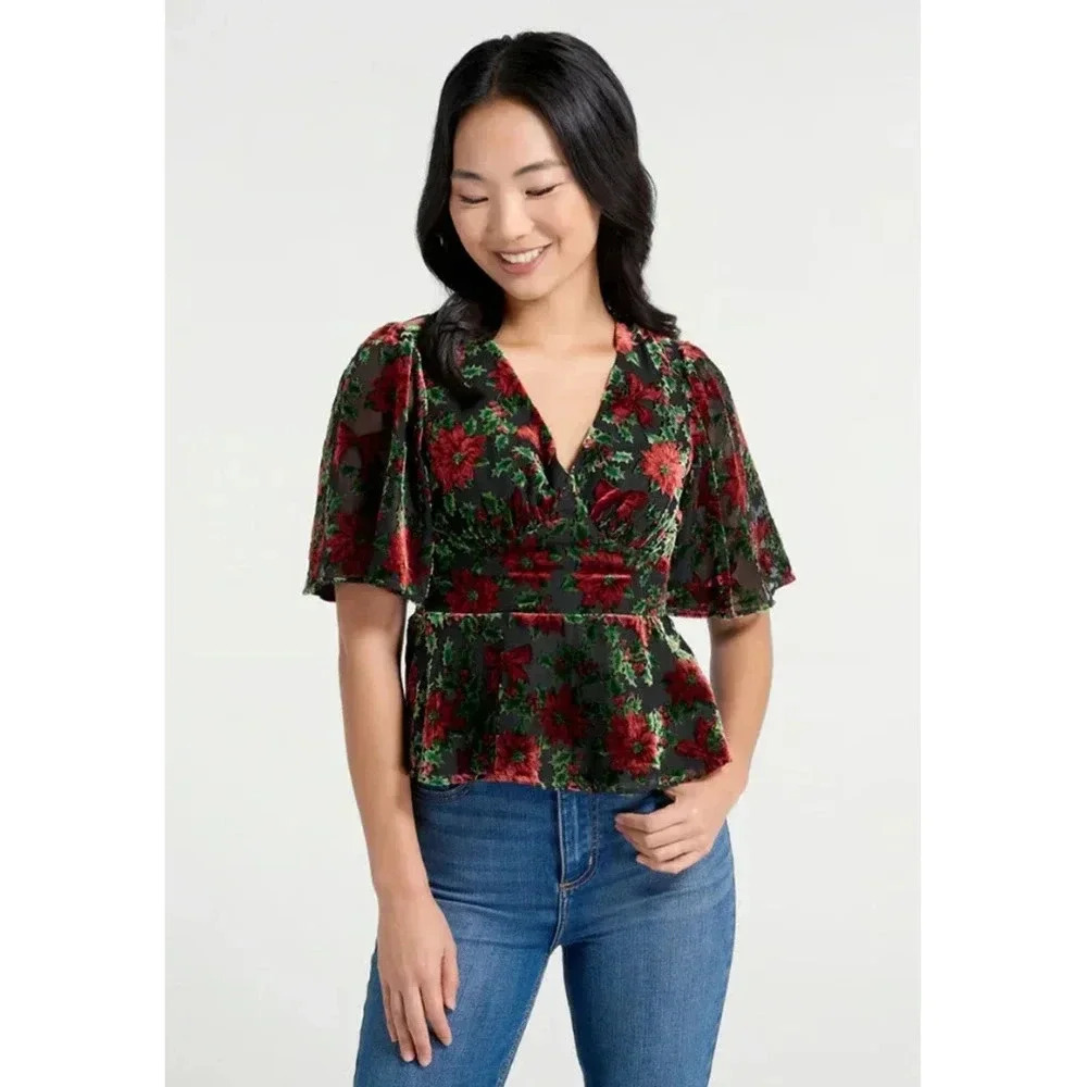 ModCloth Happy Holly Days Peplum Top Size XS Velvet Burnout Poinsettia Christmas
